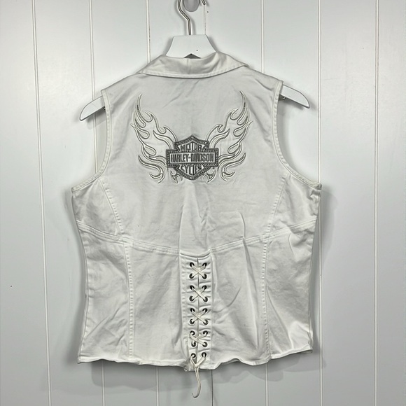 Harley-Davidson Womens Vest White L Corset Back w/Bling Zip Front Pockets Cotton - Picture 10 of 13